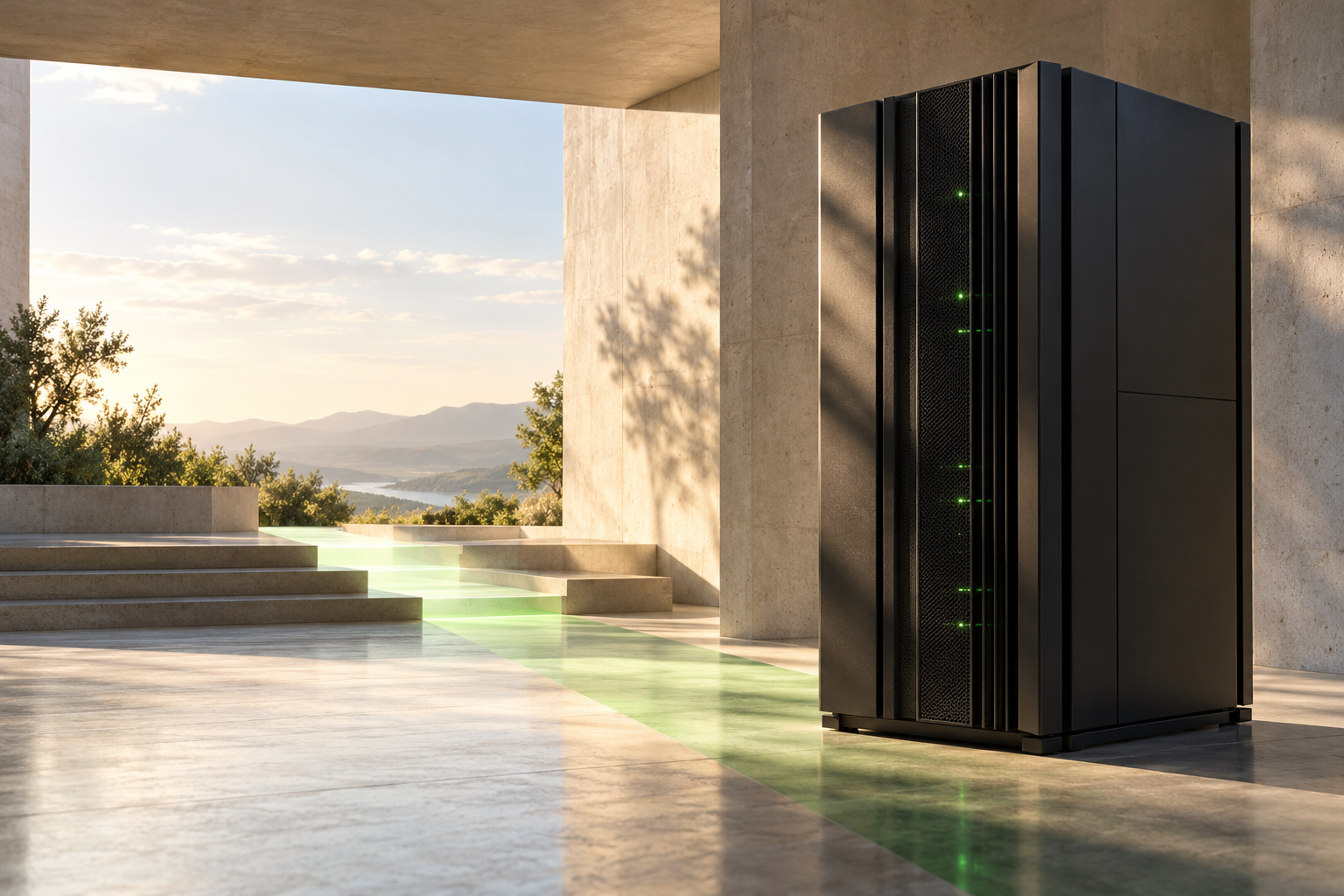 An enduring enterprise server in a sunlit architectural space, with a green path continuing forward